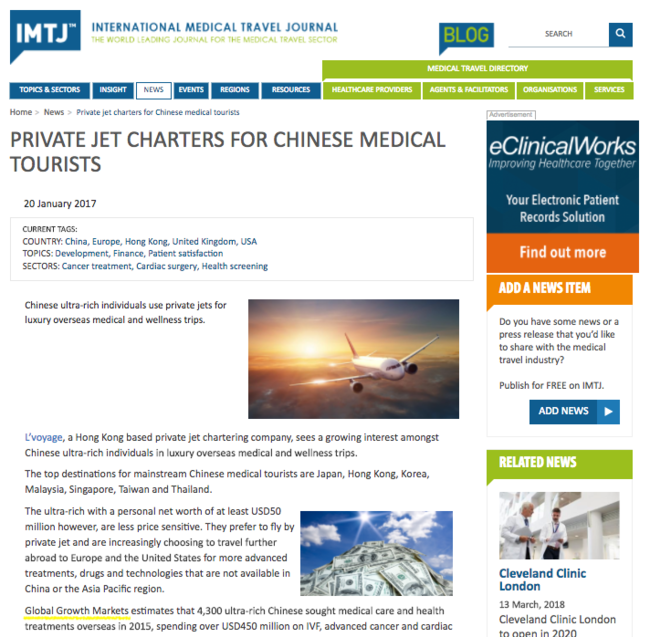 IMTJ Private jet charters for Chinese medical tourists 170120